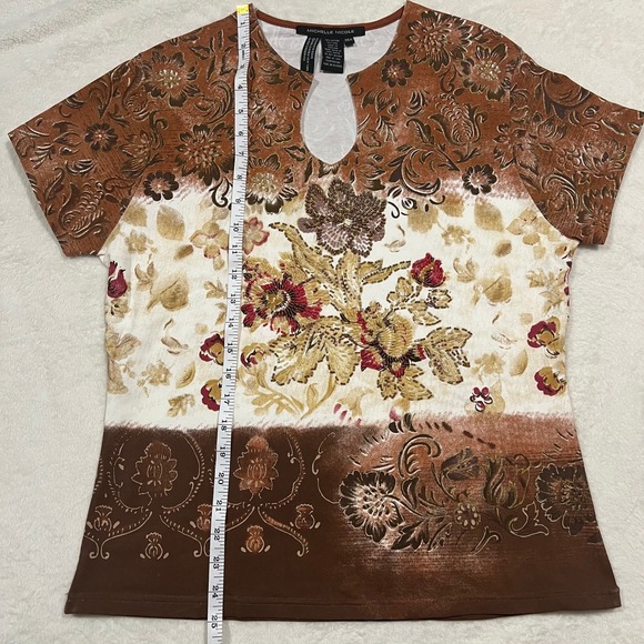 Michelle Nicole Brown Floral Beaded embroidery Keyhole Neck Top glitter XL - Picture 9 of 15